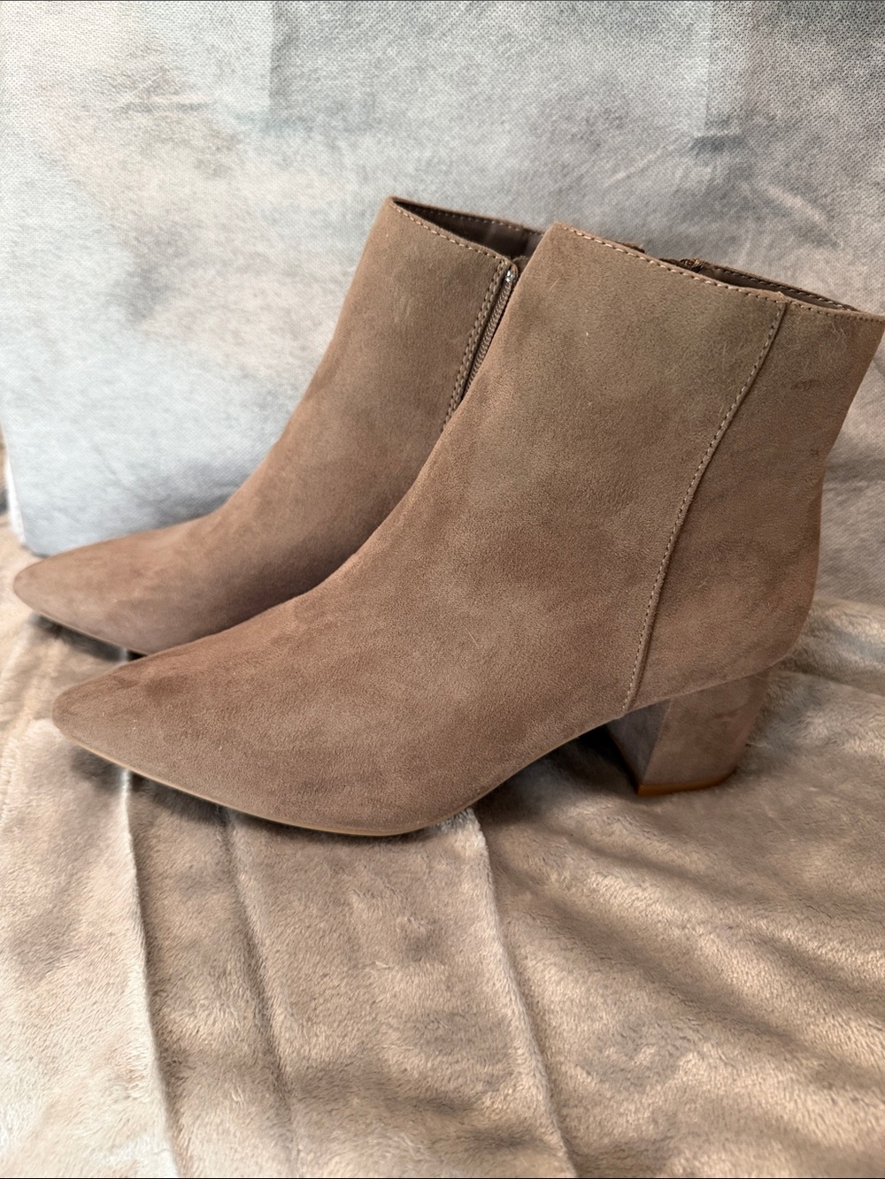 BAMBOO Taupe Pointed Toe Suede Ankle Booties